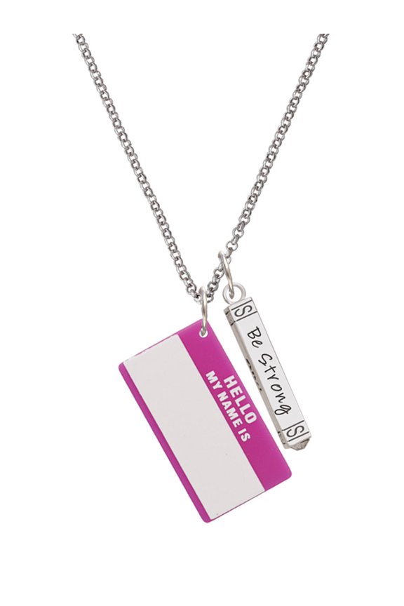 Acrylic Pink "Hello" Name Tag Silvertone Be Strong and Courageous Bar Charm Necklace, 23"