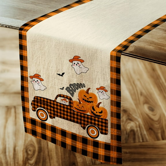 DecorX Fall Pumpkin Plaid Table Runner 14x72 – Halloween & Thanksgiving Farm Truck Decor