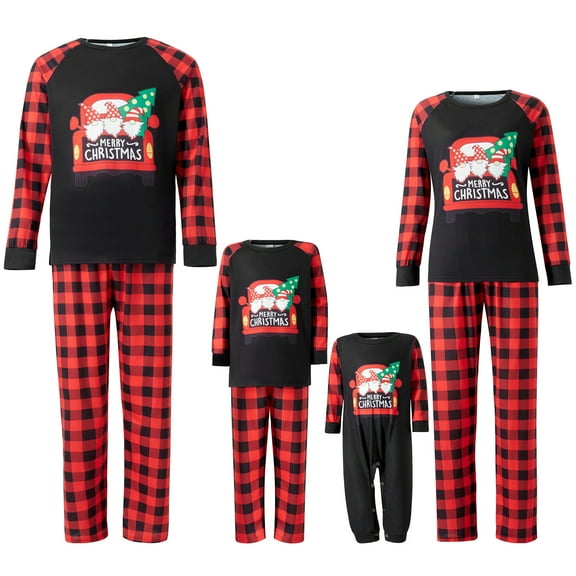 Christmas Pajamas for Family, Long Sleeve Gnome Truck Print Tops   Plaid Pants Set