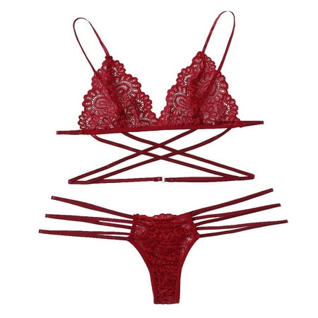 

iOPQO sexy lingerie for women New Women Lace Lingerie Thong Set Bodydoll Sleepwear Bandage Bra Underwear Red XL