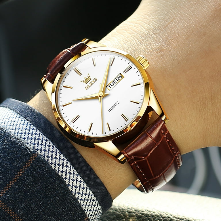 OLEVS Men's Brown Leather Watch, Gold Plated Case, Analog Quartz, Luminous,  Waterproof 30m - Walmart.com