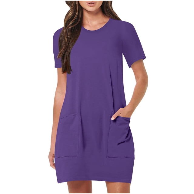 Mgmyaa Robe T-Shirt Décontractée pour Femmes avec Poches, Col Rond, Manches Courtes, Mini Robes avec Poches