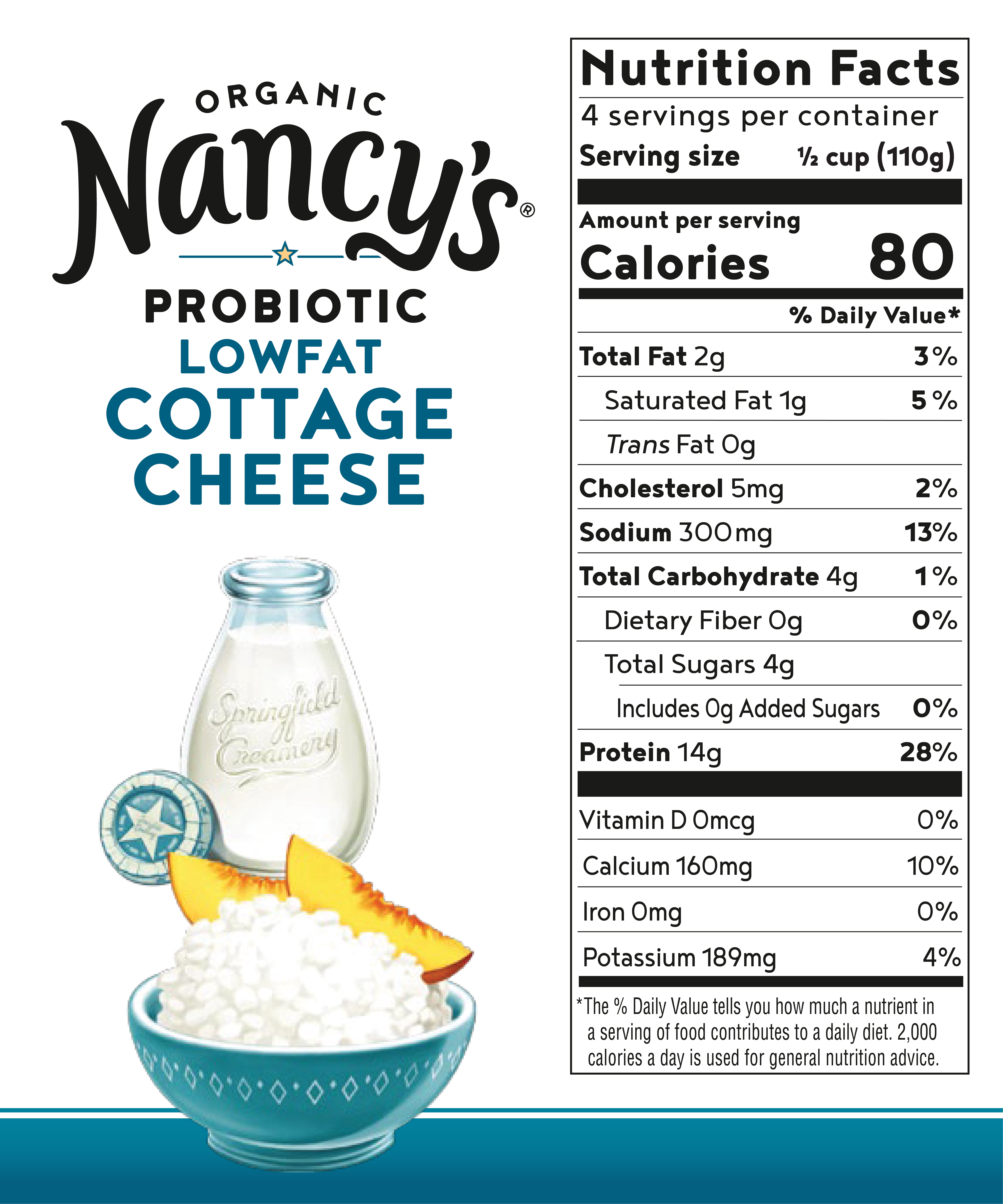 Nancy's Organic Low-Fat Probiotic Cottage Cheese, 2% Milk Fat, 14g Protein, 16 oz Tub