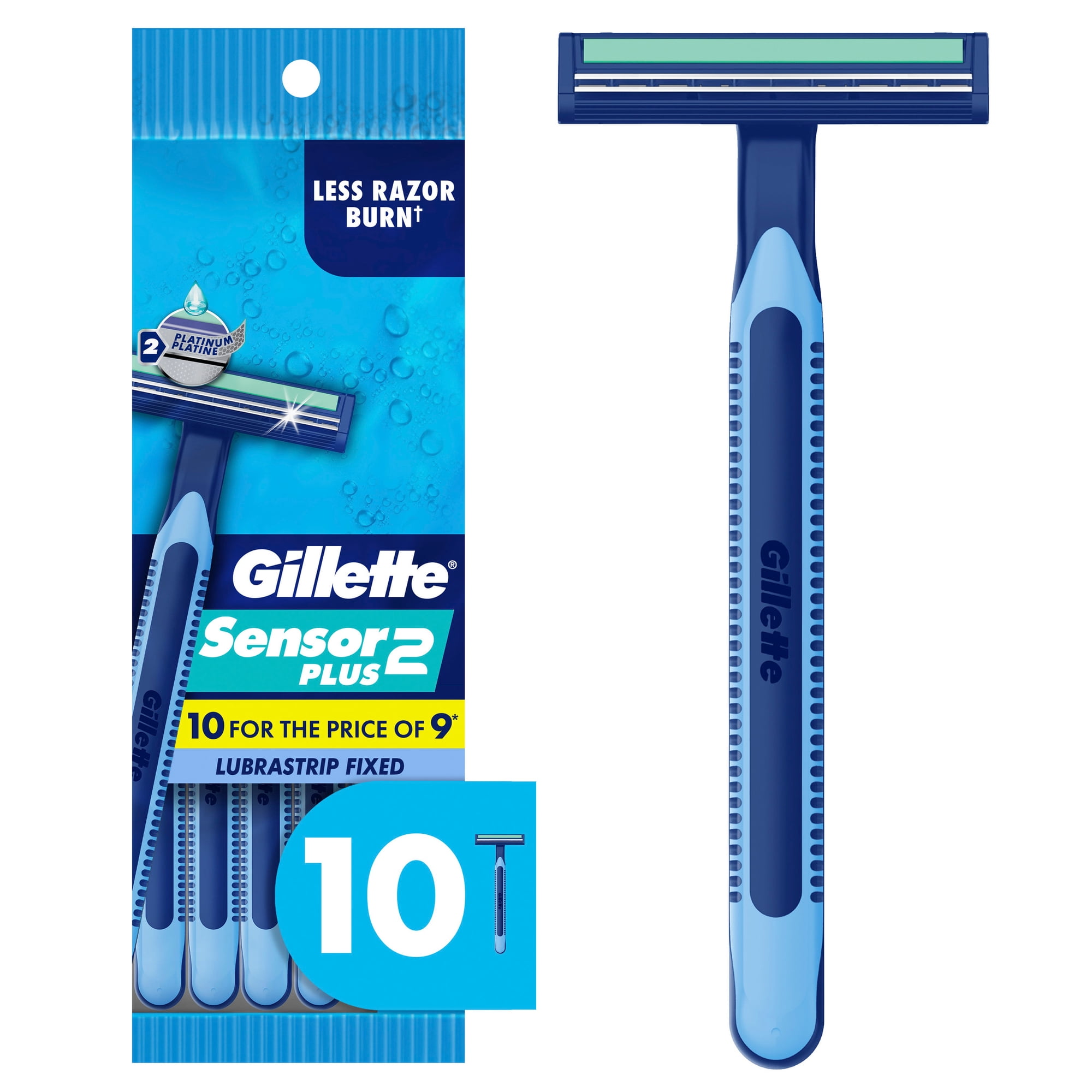 Gillette Sensor2 Plus, Fixed Men's Disposable Shaving Razors with Lubrastrip, 10 Count