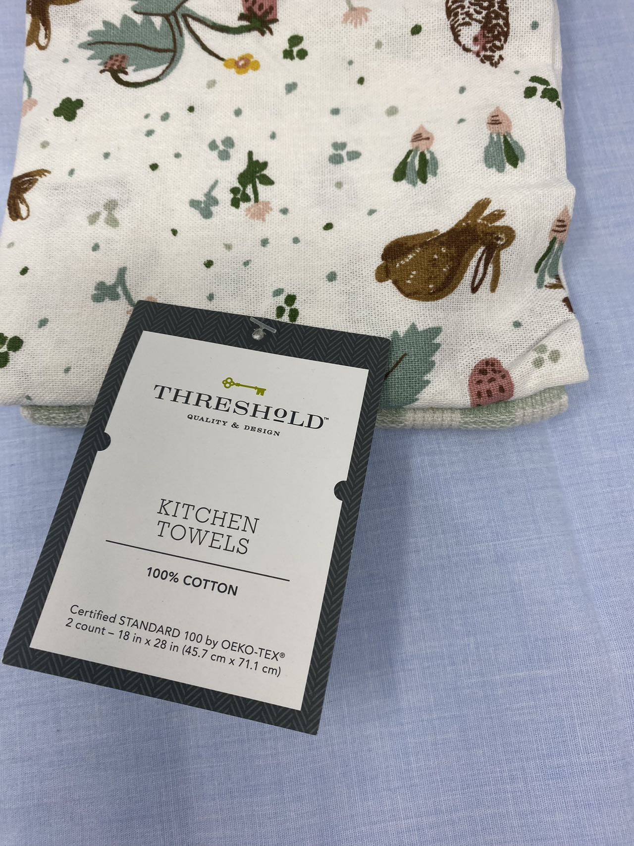 Lot Of 2 THRESHOLD Kitchen Towels 100% Cotton Green & Cream
