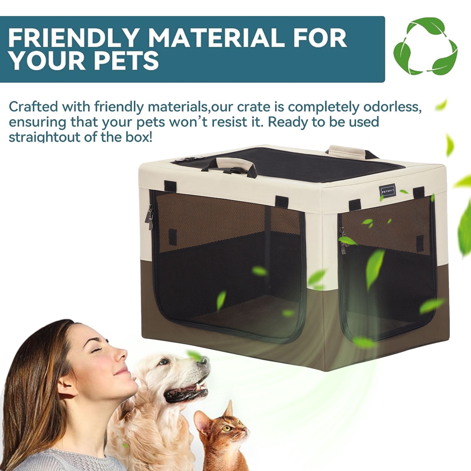 PETSFIT Collapsible Dog Crate, Portable Dog Crate - 30 Inch Easy Set-up, Light, Sturdy, Comfy Inside with Thicken Mat, Soft Sided Crate for Home and Travel Brown