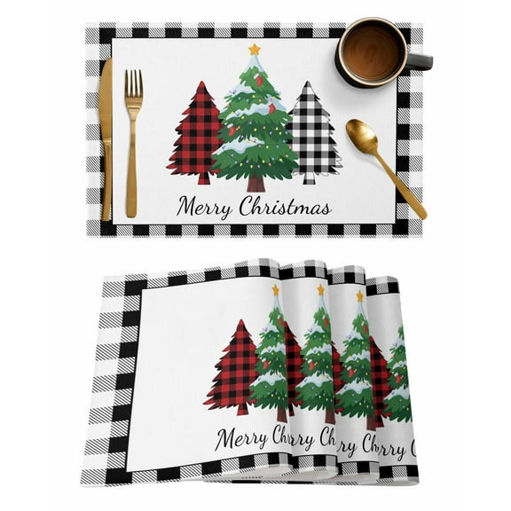 Placemats Set of 1 Christmas Tree Winter Merry Christmas Black White Buffalo Plaid Heat Insulation Washable Place Mats, Rustic Non-Slip Table Mats for Dining Table Party Kitchen Decor,13x19 Inch
