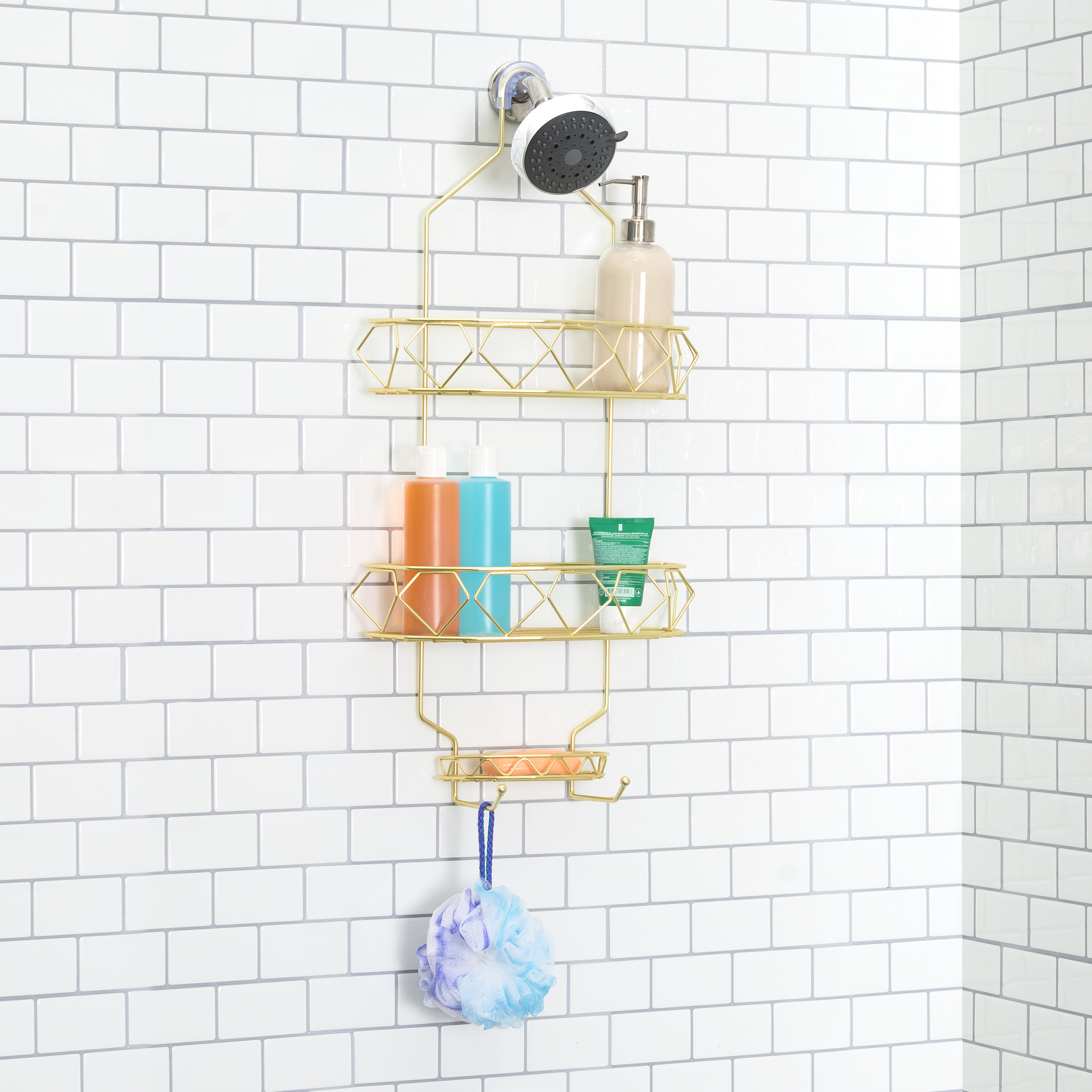 Prism 2 Tier Shower Caddy with Builtin Hooks, Gold