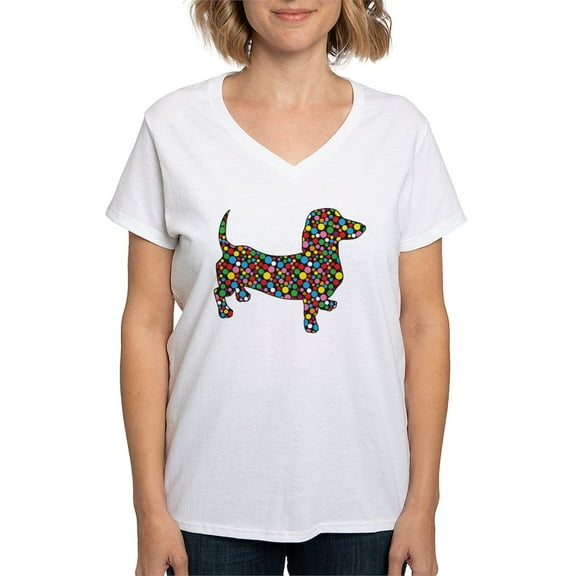 CafePress - Dachshund Polka Dots Women's V Neck T Shirt - Womens Cotton V-Neck T-shirt