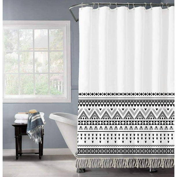 Boho Shower Curtain Black White Modern, Black And White Boho Fabric Shower Curtain