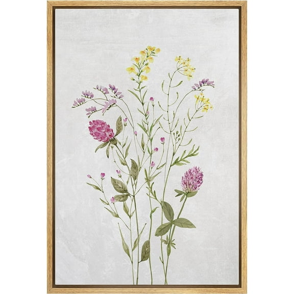 PixonSign Framed Canvas Print Wall Art Fine Art Pastel Pink & Yellow Wildflower Nature Wilderness Illustrations Modern Art Botanical Floral Farmhouse/Country Relax/Cozy - 16"x24" Natural