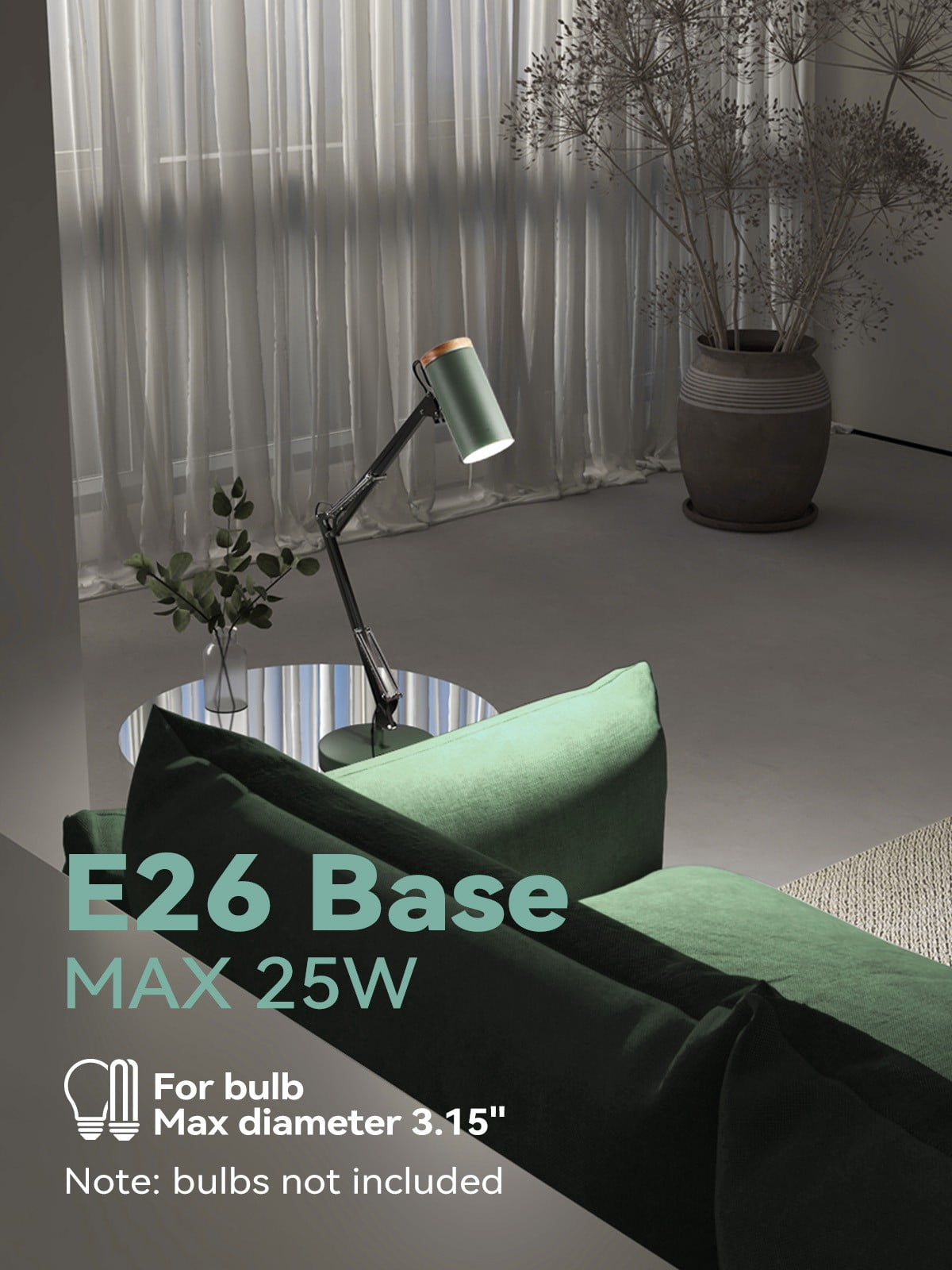 Adjustable Metal Table Lamp, Large Size Max Height 26", E26 Base, Swing Arm Desk Light with Wooden Accent, Dark Green