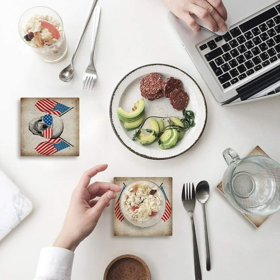 FMSHPON Independence Day American Flag Skull Set of 4 Coaster for Drinks, Absorbent Ceramic Stone Coasters Cup Mat with Cork Base for Home Kitchen Room Coffee Table Bar Decor