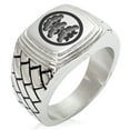 thumbnail image 1 of Stainless Steel Three-Tiered Pine Kamon Crest Geometric Pattern Step-Down Biker Style Polished Ring, 1 of 1