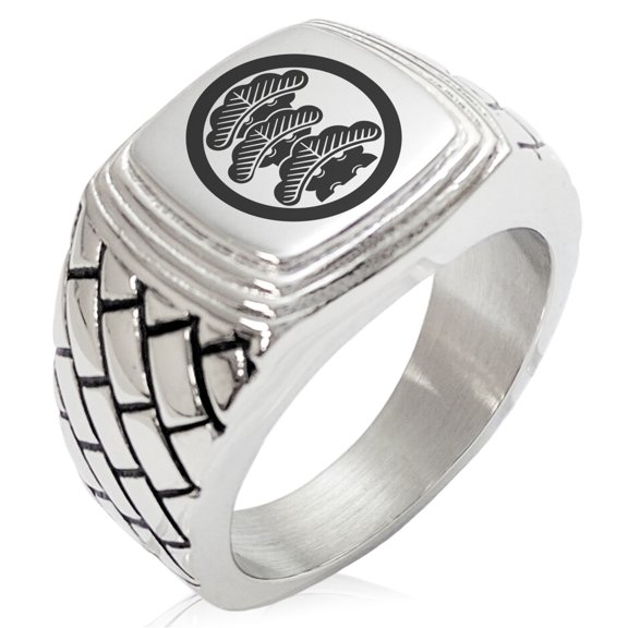Stainless Steel Three-Tiered Pine Kamon Crest Geometric Pattern Step-Down Biker Style Polished Ring