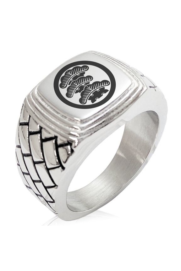 Stainless Steel Three-Tiered Pine Kamon Crest Geometric Pattern Step-Down Biker Style Polished Ring