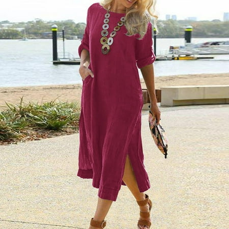 

Jsaierl Womens Cotton Linen Dresses Summer Casual Short Sleeve Maxi Dress Loose Fit Solid Color Round Neck Dress Breathable Cool Dresses 2023