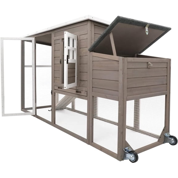 Petsblublu Outdoor Wooden Chicken Coop with Wheels Asphalt Roof Nest Boxes,Gray