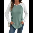 thumbnail image 2 of Tops Casuales de Punto Gofre con Cuello Redondo y Larga con Bloques de Color para Mujer Verde XL, 2 of 10