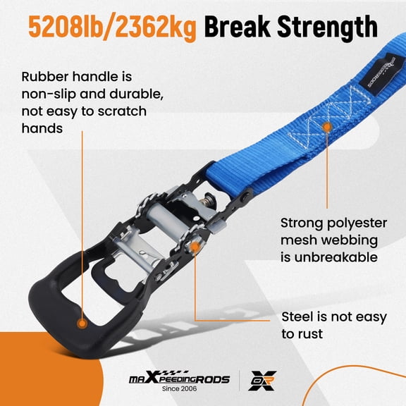 maXpeedingrods 5208 lbs Ratchet tie down Straps 1736lbs Loading 12in straps 17in soft loops 8ft S-Hook Straps for ATVs Motorcycles, with Bag Gloves Velcro Tapes 4-Pack Set Blue 1.6inch width