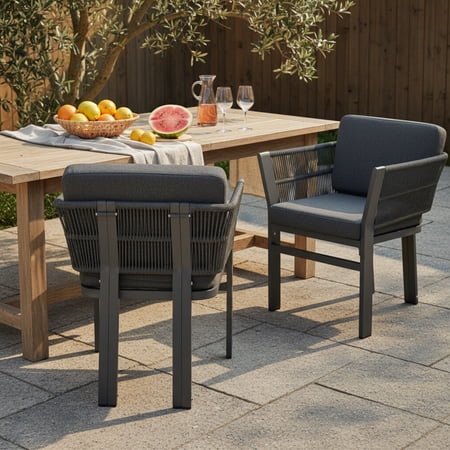 Christopher Knight Home Outdoor Dining Chair with Rattan Back, Aluminum Frame with Cushions, Gray, Set of 2