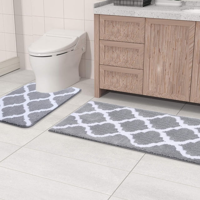 Juego de 2 alfombras de baño, alfombrilla de microfibra para ducha y alfombrilla de inodoro en forma de U, juego de 2 alfombras de baño peludas, absorbentes y antideslizantes, juego de 2 alfombras