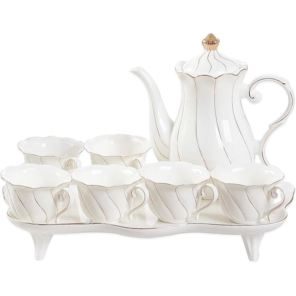 14 pcs Tea Set for 6 with Tea Tray & Spoons, Luxury British Style Coffee Cup Set with Golden Trim, Beautiful Porcelain Set for Living Room Decor, Tea Party Set, Gift Package - White