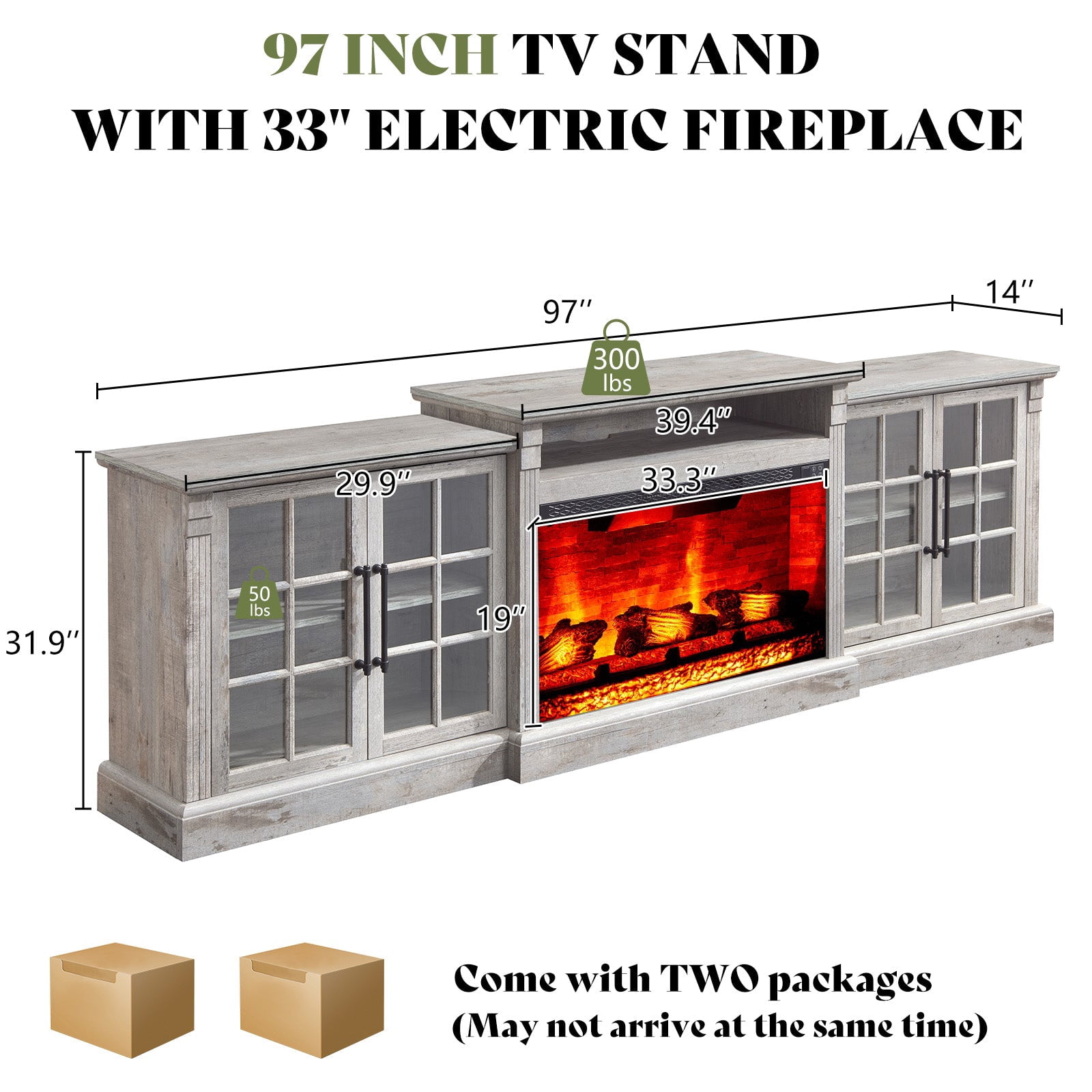 Merluxy 97" Farmhouse Fireplace TV Stand, Entertainment Center with Large Storage Space and Adjustable Shelf for Living Room, Light Grey