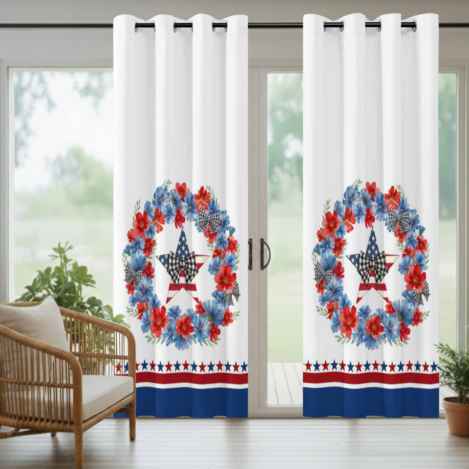 Independence Day Outdoor Curtains for Patio, Red Blue Flower Plaid Bow Star Abstract Striped Sunshade Privacy Drapes Grommet Waterproof Outside Curtains for Porch/Cabana/Balcony 54"x 108", 1 Panel