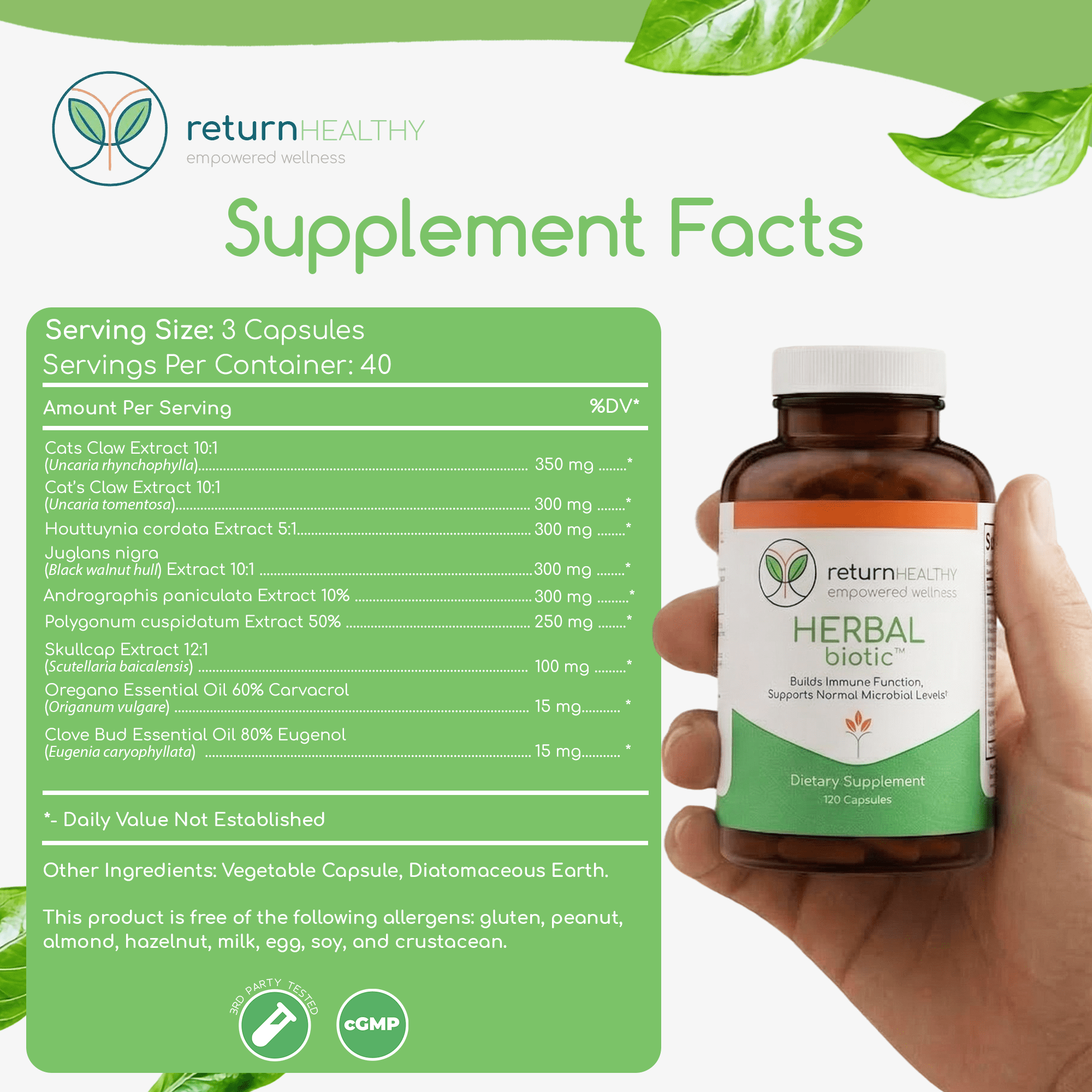 Return Healthy Herbal Biotic Immune Supplement for Women & Men, Natural System Booster with Cat's Claw for Probiotic Gut Balance, 120 Vegan Capsules
