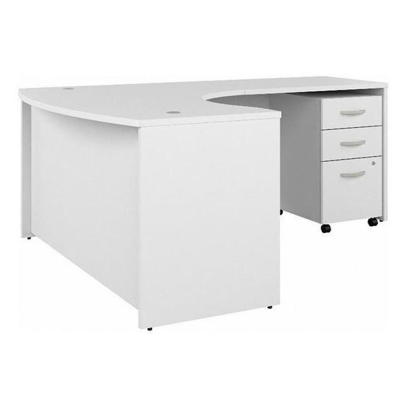 Pemberly Row 60W Right Hand L-Bow Desk with Drawers in White - Engineered Wood