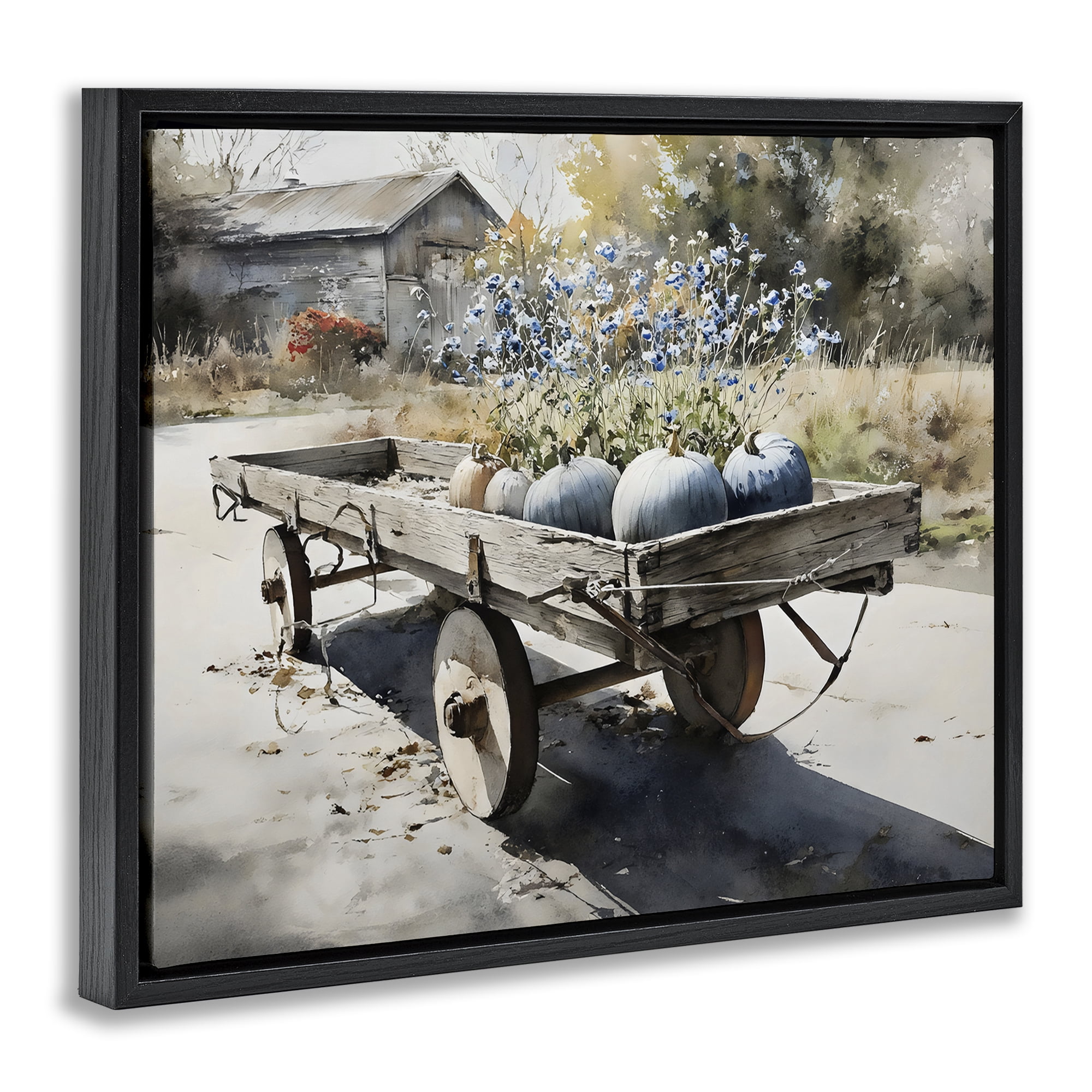 Stupell Industries Blue Pumpkin Wagon in Sunlight Black Framed Floater Canvas Wall Art, design by Franklyn Gregory