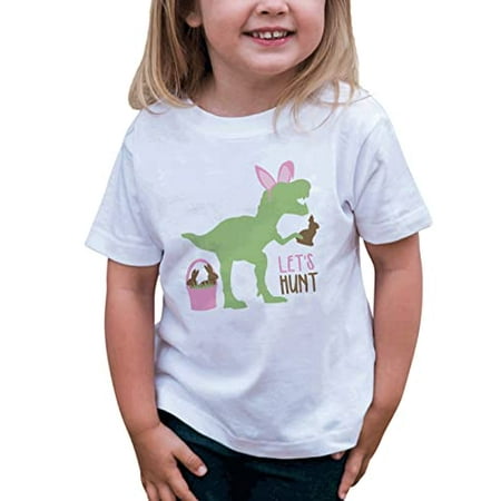 

7 ate 9 Apparel Girls Happy Easter Shirts - Funny Dinosaur Bunny Hunt White T-Shirt 5T