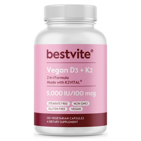 Bestvite Vegan Vitamin D3 5000 IU   Vitamin K2 100 mcg as MK-7 (120 Vegetarian Capsules) - No Stearates - Vegan - Non GMO - Gluten Free