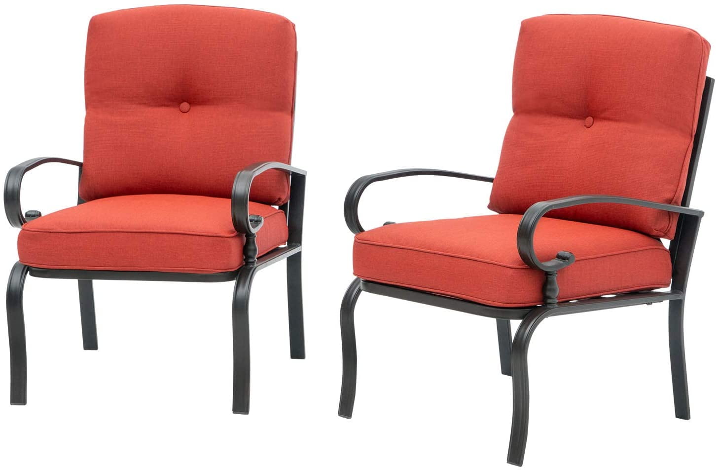 SUNCROWN Patio Furniture Outdoor Dining Chair Black Wrought Iron Bistro Sets with Red Cushions (Set of 2)