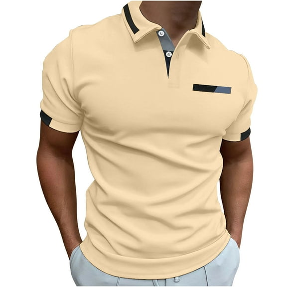 YLSDY Men's Summer Shirt Short Sleeve Lapel Patchwork Slim Fit T-Shirt Sports Golf Tennis Tee Tops Khaki XXXL