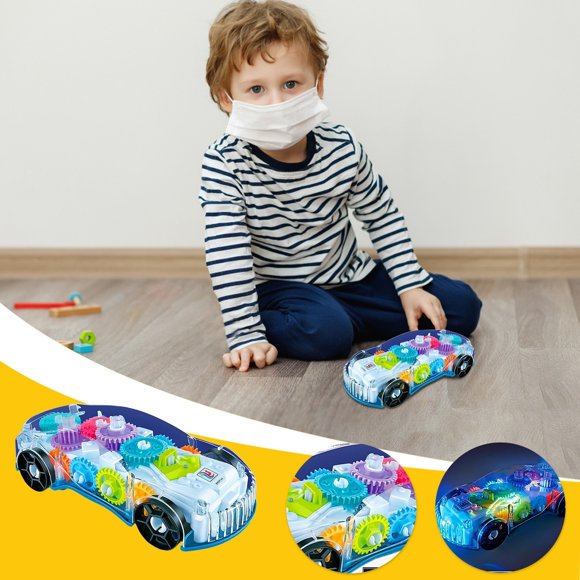 Led Light Up Mechanical Gear Car Toy For Kids With Music And Flashing Effects 7.2 By 3.1 By 2.2 Inches Transparent Design Educational Gift