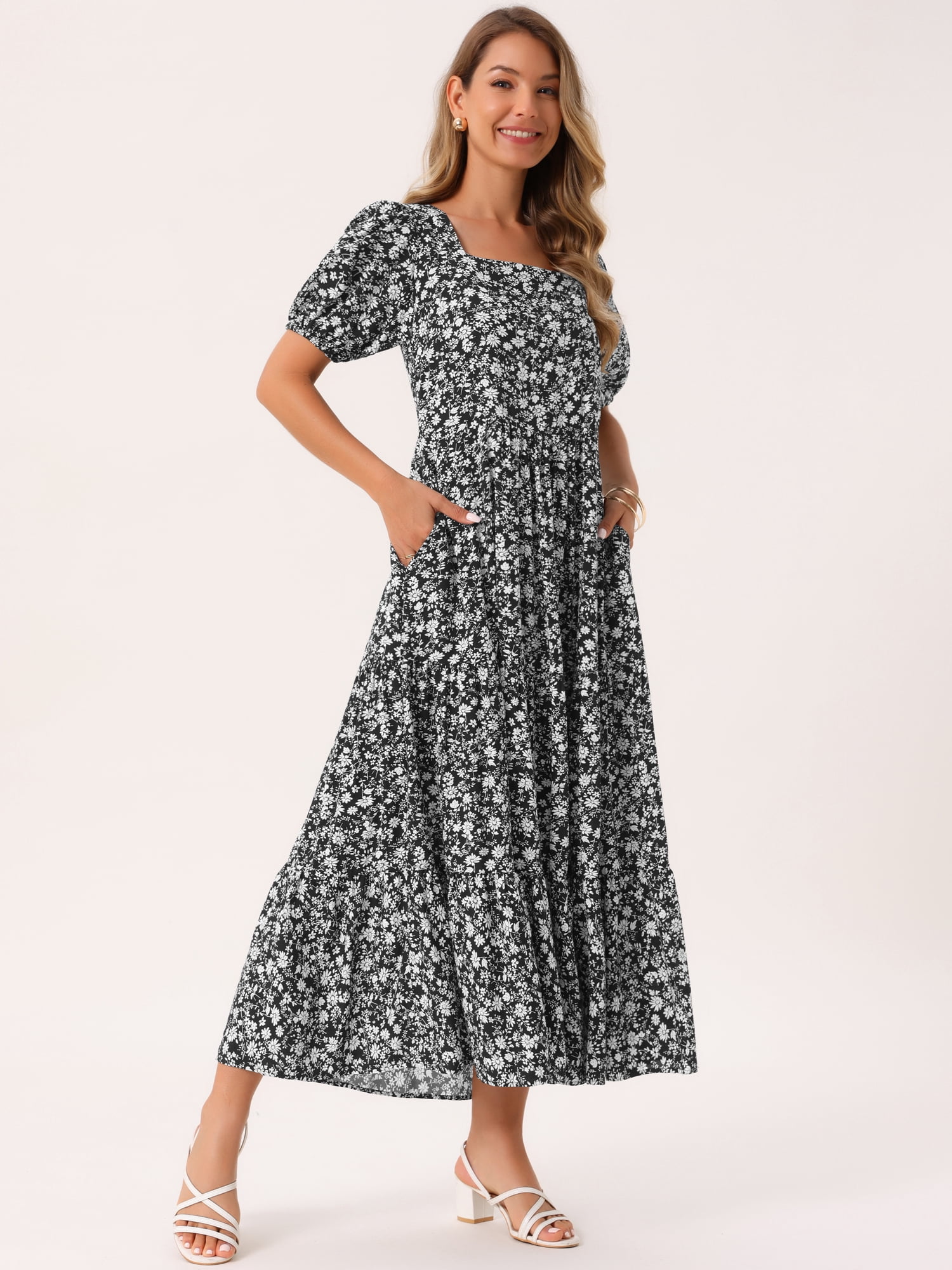 DARING DIVA Women's Floral Short Sleeve Square Neck Boho Casual Dress S Black