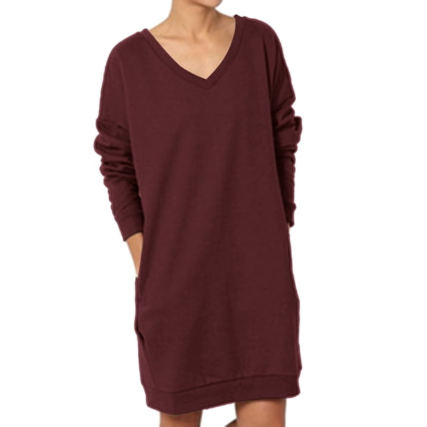 Gibobby Vestidos de suéter anchos Vestido de suéter informal suelto de color sólido con cuello en V y manga larga para mujer(Rojo,G)