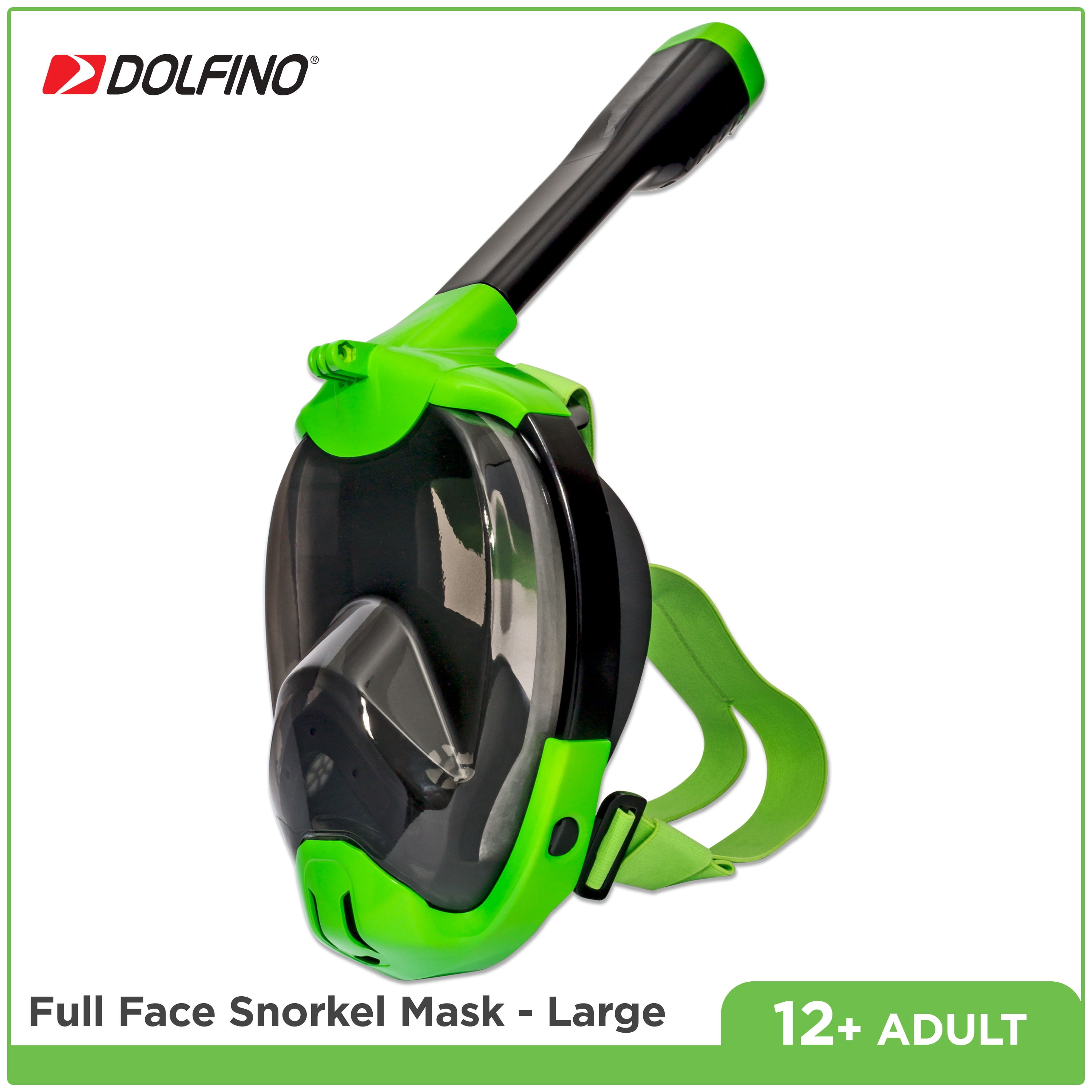 Dolfino Calypso Black Full Face Swim Mask Snorkels with Fog Resistant Lens and Camera Mount, Large
