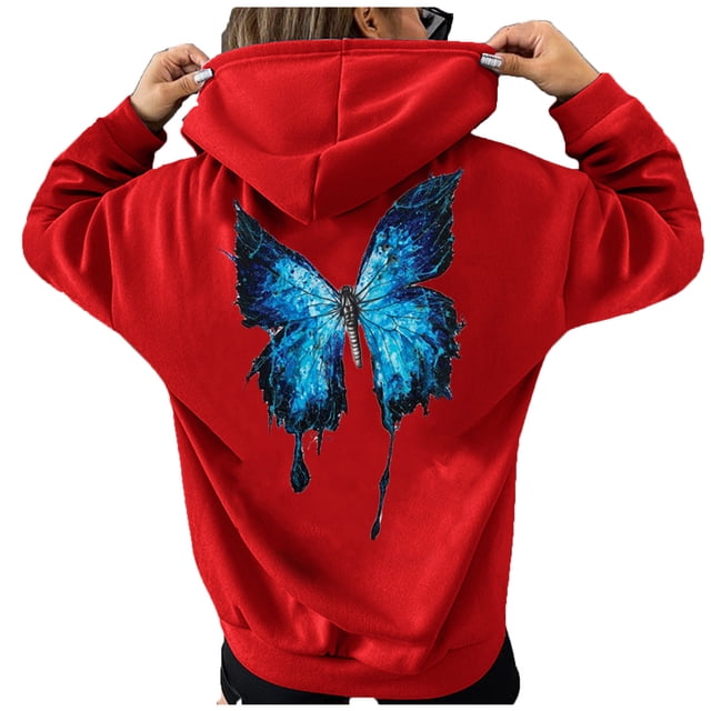 Mujeres Otoño Invierno Color Block Mariposa Impresión Cuello en V Manga larga Sudadera con capucha Tops Pullover Blusa Fridja FKASFK3495