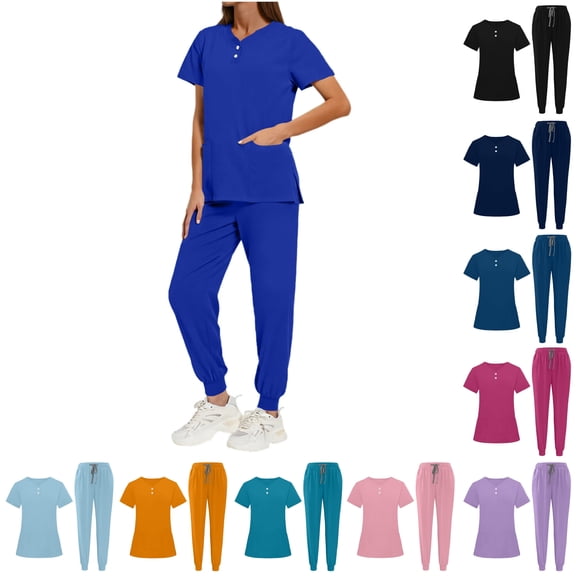 ATENAR Scrubs for Women Set 2 Piece Short Sleeve Tops Long Pants Blue 2XL