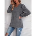 thumbnail image 3 of Camisa de manga larga para mujer Manga abullonada Manga larga Cuello en V Color puro Camisetas básicas para mujer Gris oscuro S, 3 of 6