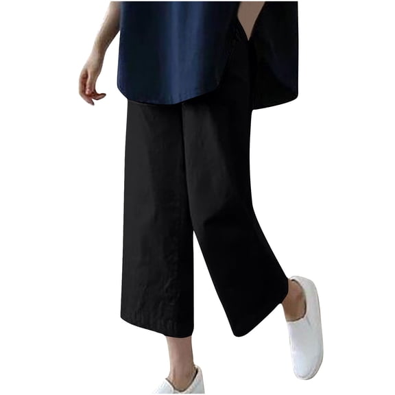 cocolona Womens Summer Capri Pants Casual Elastic Straight Wide Leg Linen Cropped Trousers with Pocket