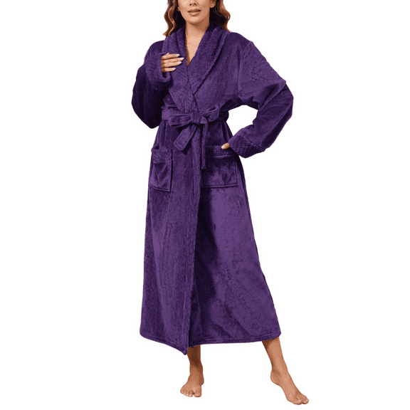 Robes for Women, LOFIR Long Womens Robes, Soft Fluffy Fleece Bath Robe with Front Pocket, Winter Warm Plush Lapel Women's Robes, Adjustable Belt, Purple, L/XL
