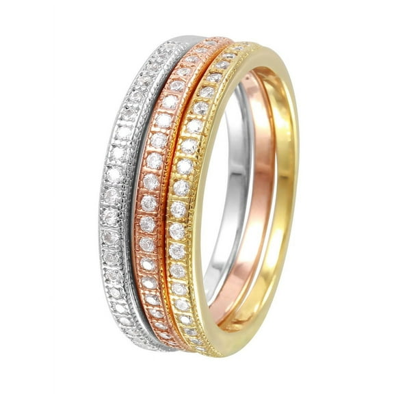 Clear Cubic Zirconia Tri Color Stackable Bands Ring Plated Sterling Silver Size 6