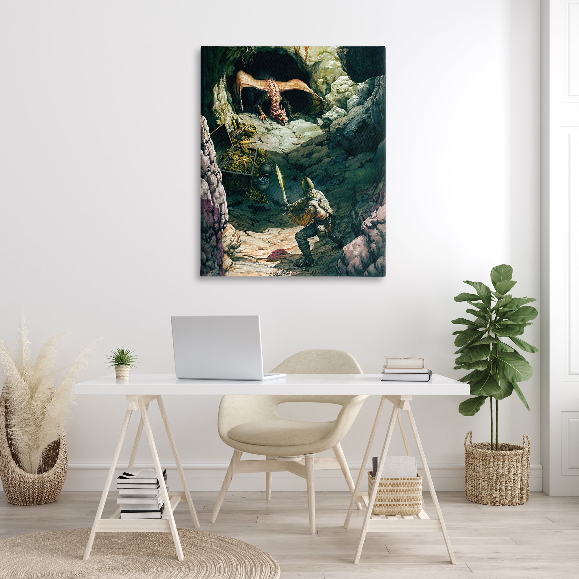 Stupell Industries Dragon & Knight Battle Fairy Tales & Fantasy Painting Gallery Wrapped Canvas Art Print Wall Art, 36 x 48