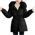 thumbnail image 2 of Women's Puffer Lightweight Coats with Pockets Lounge Solid Color Zip Up Parkas with Faux Fur Hood Long Winter Warm Coat with Elastic Belt Waist, 2 of 3