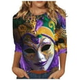 thumbnail image 2 of successthop Mardi Gras Womens Plus Size Tops 3/4 Sleeve Loose Crew Neck Polyester Casual Mask Printed Mardi Gras Celebrations Blouse Tops for Mardi Gras Event Purple XL, 2 of 5