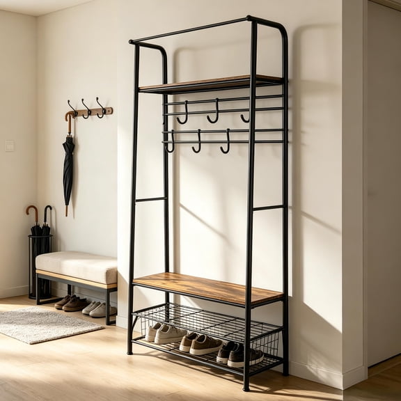 Gaderth Entryway Hall Tree with Bench and Shoe Storage, Industrial Coat Rack & Storage Bench, Heavy Duty Standing Clothes Rack with 6 staggered hooks